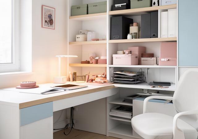 Escritorio funcional en casa con almacenamiento oculto, estanterías modulares y espacio de trabajo luminoso y ordenado