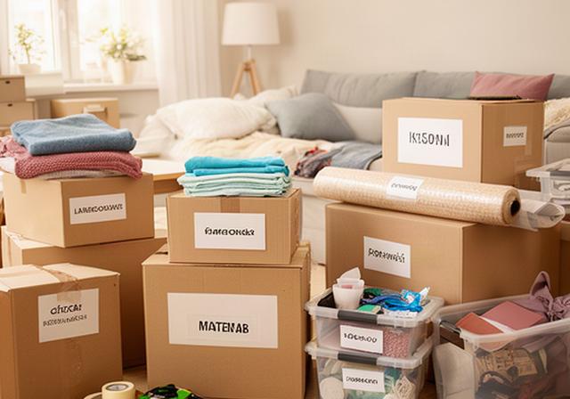 Sala en proceso de mudanza con cajas etiquetadas, embalaje organizado por ambiente y sistema de descarte visible